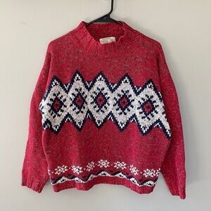 VINTAGE Ninon de Lenclos Red Patterned Mock Neck Pullover Holiday Sweater Women'